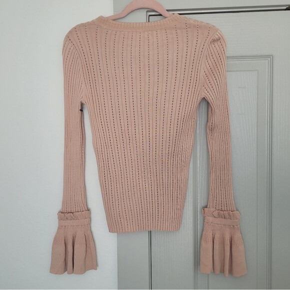 Jonathan Simkhai Perforated Knit Crewneck Pink Ribbed Sweater with Flared Cuffs - Picture 4 of 7